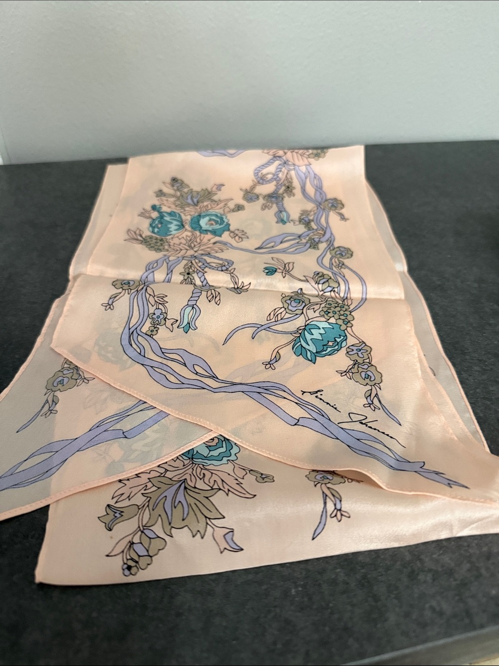 Floral Silk Scarf in Peach and Teal vintage